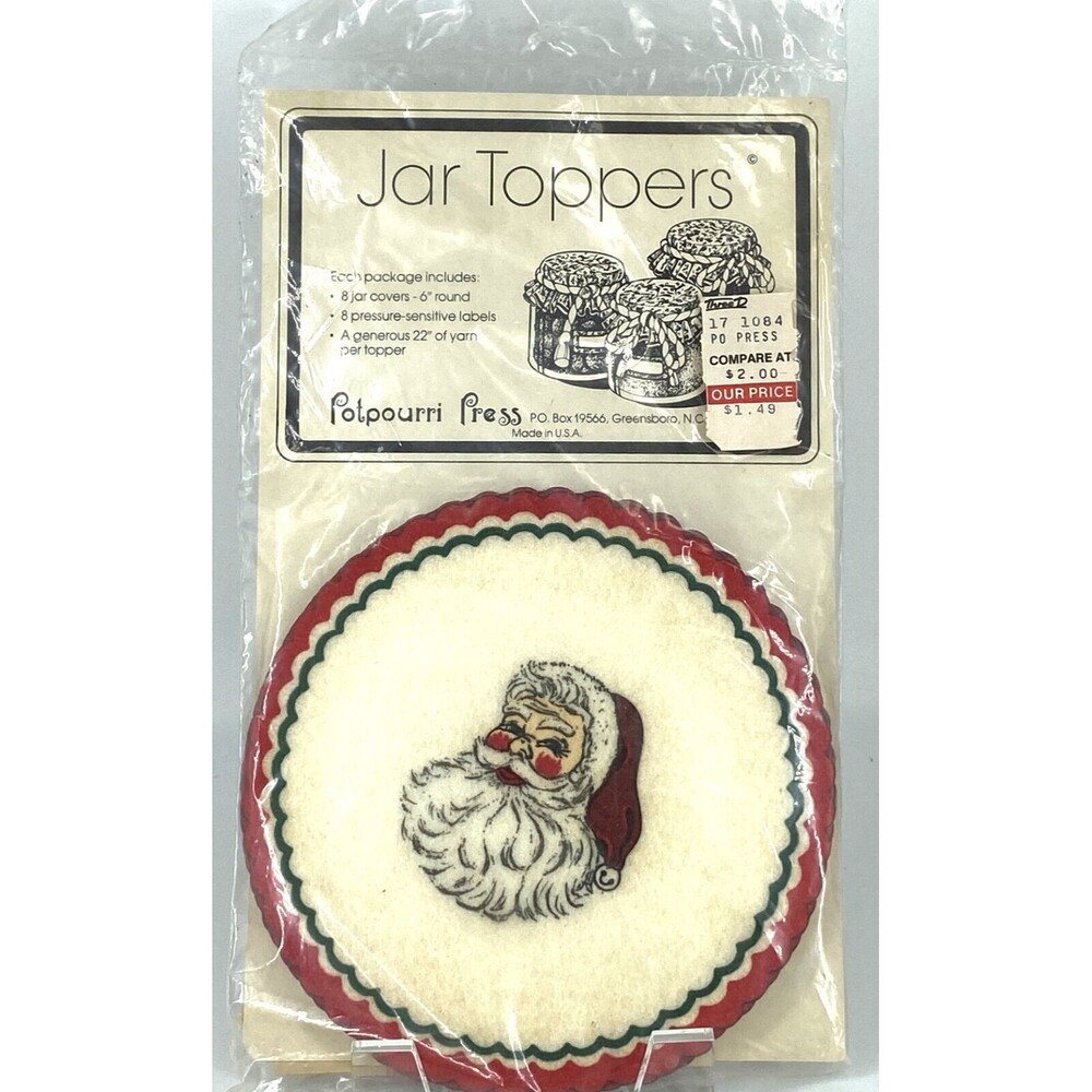 Santa Jar Toppers With Labels & Yarn Potpourri Press VTG 8 Toppers 6” Round NOS